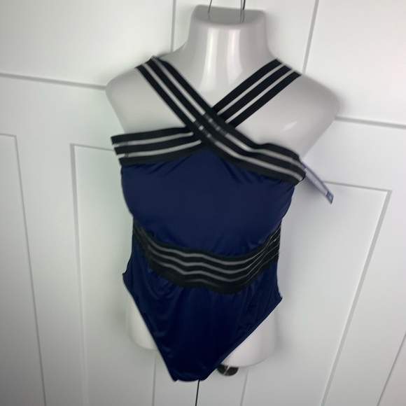 NWT Hilor One Piece Swimsuit Size 16 Navy Blue Black Sheer Straps - Picture 5 of 7